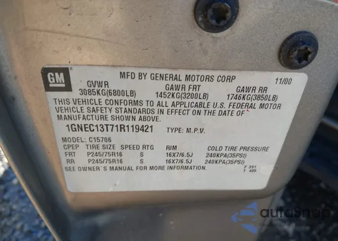 2001 Chevrolet Tahoe Lt z USA, uszkodzony, nr VIN 1GNEC13T71R119421